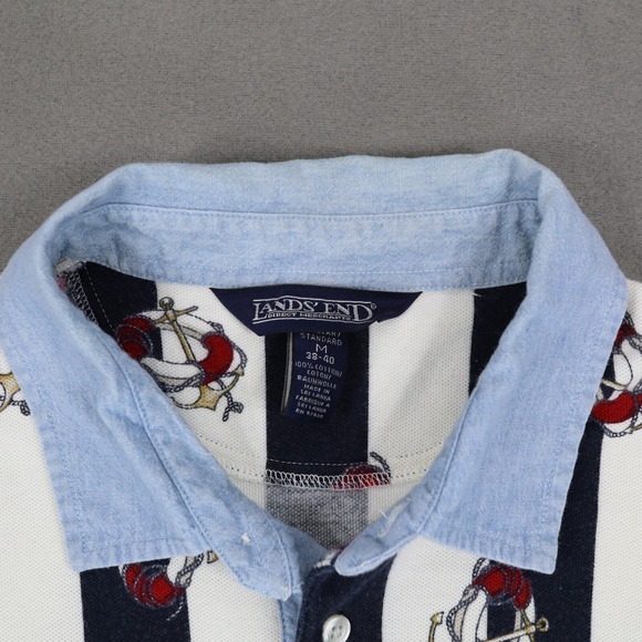 Vintage Lands End Denim Collar Polo Shirt Sz M Nautical Stripe Life Saver Anchor - Picture 3 of 7